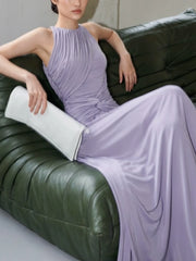 Lavender Halter Neck Draped Waist Maxi Dress