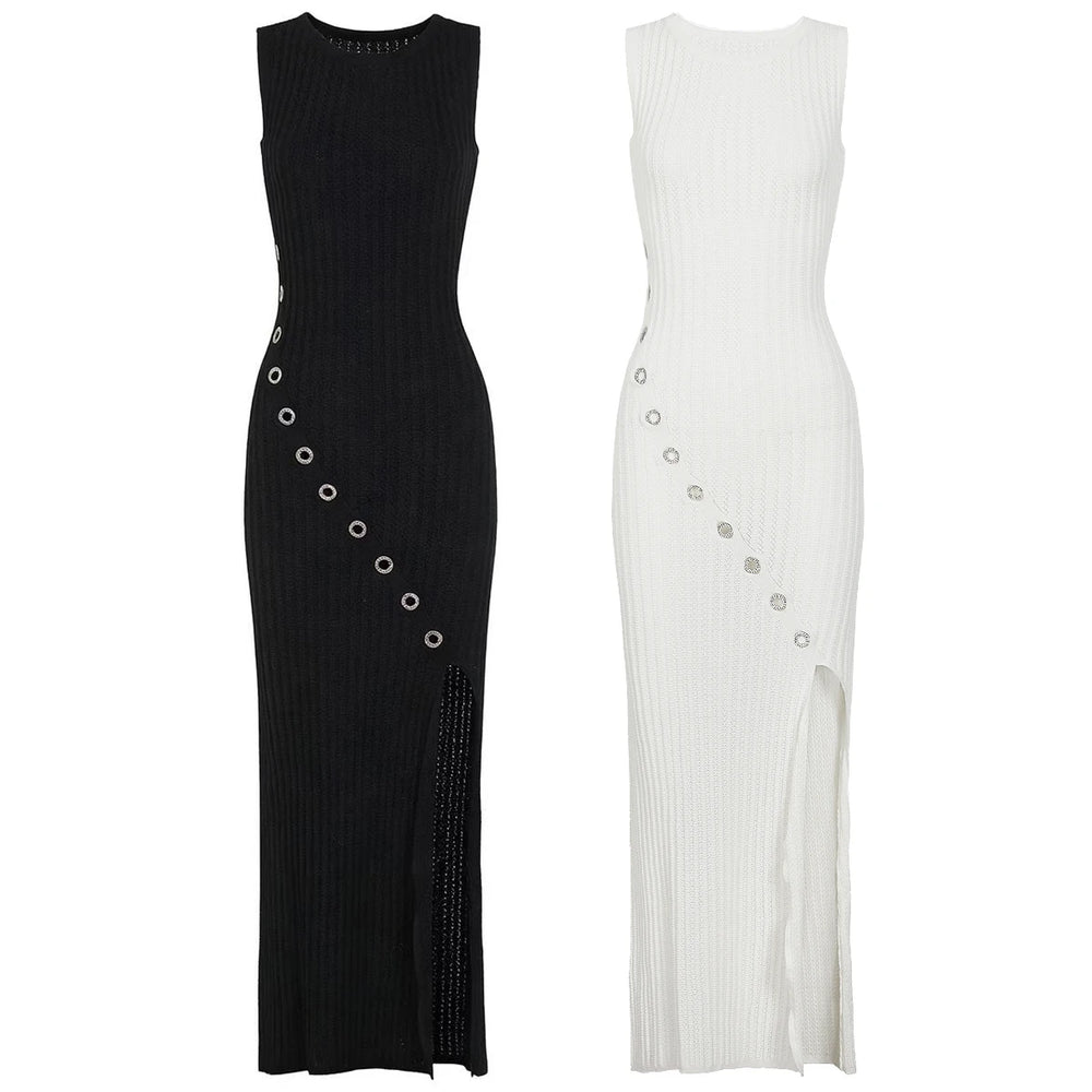 Black perforated knit maxi dress