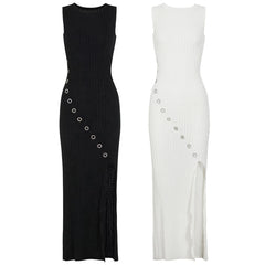 Black perforated knit maxi dress