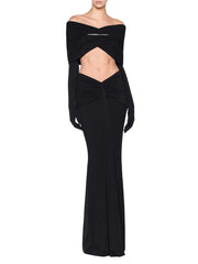 Draped Off-Shoulder Metal Detail Crop Top and Maxi Skirt Set