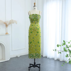 Floral Beaded Short Green Evening Dress with Spaghetti Straps Sheath Midi Women Wedding Party Gowns  Golden Atelier 2