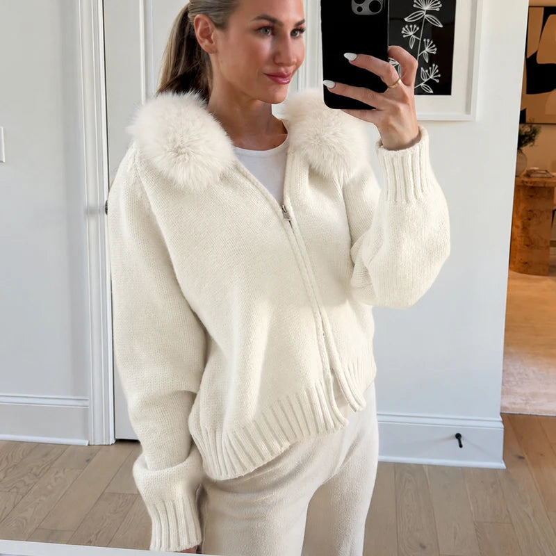 Hooded faux fur trim knit jacket, close-up