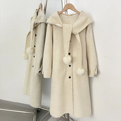 Hooded wool blend coat in beige with a detachable pom-pom scarf.