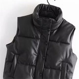 Puffy Vest Thick Black PU Faux Leather Down Waistcoat