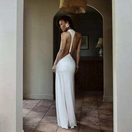 Open back U neck metal ring maxi dress