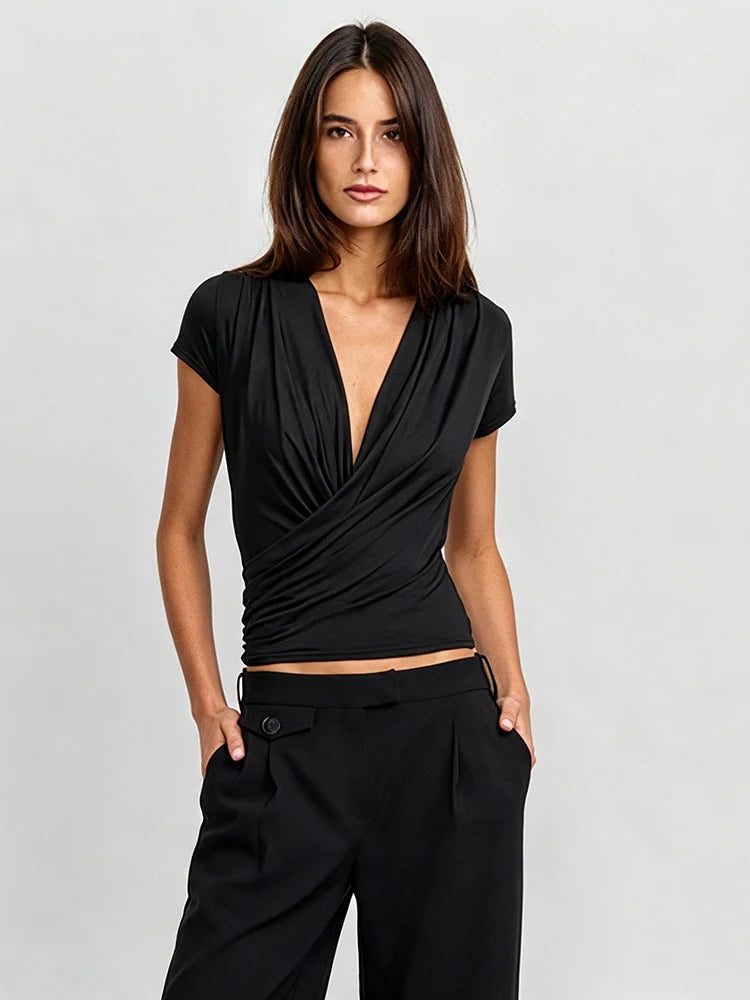 Black draped V-neck short sleeve top
