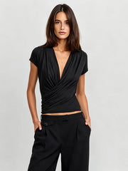 Black draped V-neck short sleeve top