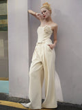 Women Strapless Crop Top High Waist Pant 3D Flower Suit