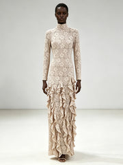 Lace turtleneck long sleeve ruffled maxi dress front view