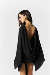 Black deep V neck cowl drape mini dress back view