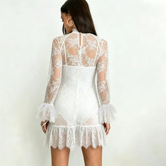 High Neck Lace Flare Sleeve Mini Dress