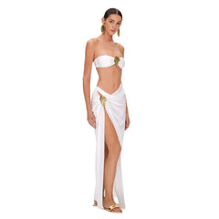 Halter Neck Plunge One-Piece Swimsuit and High-Slit Wrap Skirt Set