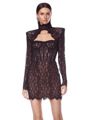 Black lace mini dress on a mannequin with a white background