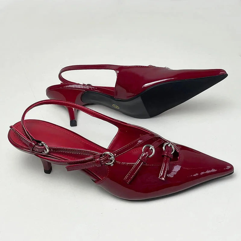 Wine Red Pointed Toe Buckle Medium Heels Pumps Shoes