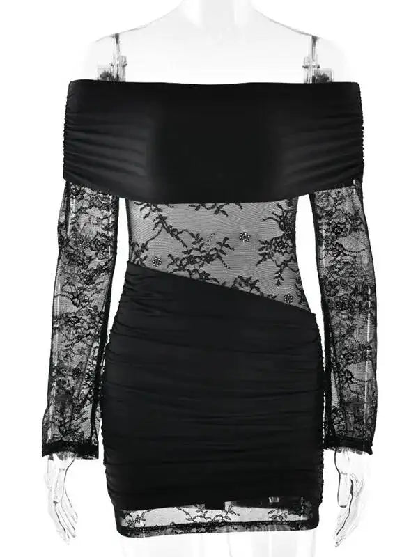 Black off-shoulder dress with lace detailing on a mannequin against a white background