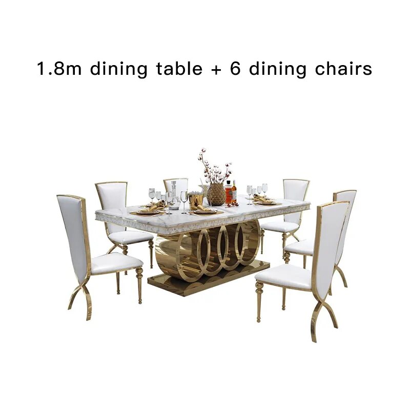 Marble Dining Table Chairs Set Stainless Steel Golden Carved Furniture