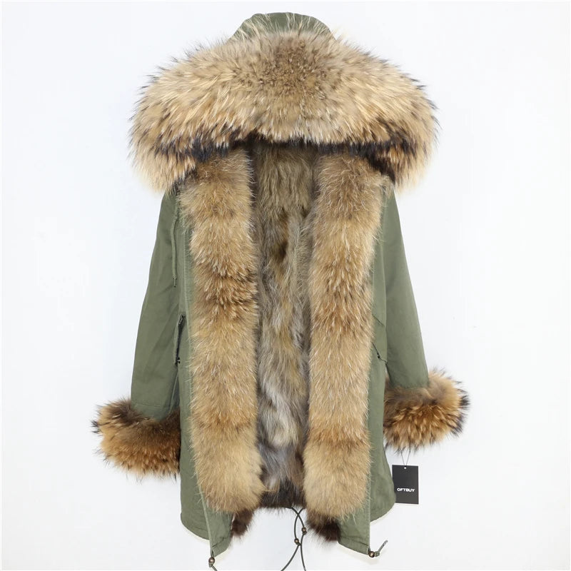 Green parka with fur hood and cuffs on a white background
