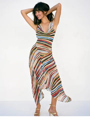 Striped V-neck maxi dress with irregular hem