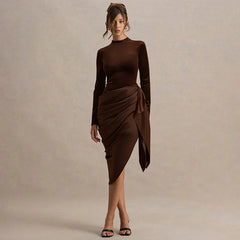 mid calf brown dress with side split and ruched design
