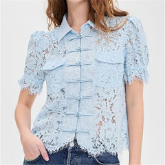 Lace Mandarin Collar Puff Sleeve Shirt