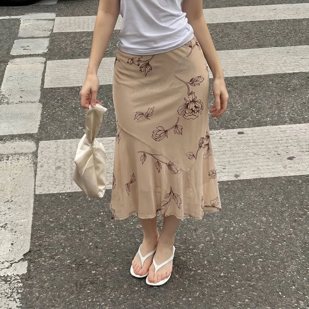 Floral print ruffle hem midi skirt