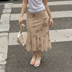 Floral print ruffle hem midi skirt