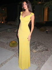 Yellow cowl neck cap sleeve column evening dress