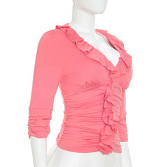 Ruffle V-Neck Quarter Sleeve Cropped Top