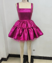 Sling Square Neck Ball Gown Fuchsia Mini Dress