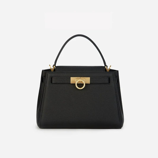 Black structured top handle bag with gold-tone hardware.
