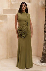 Olive green draped neckline cutout maxi dress