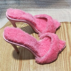 Runway High Heel Slippers Women Slingback Large Size Shoes Pointed Peep Toe Fur Dress Slides Party Women's Sandals Golden Atelier