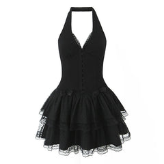 Black halter dress with lace details on a white background