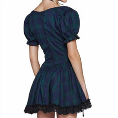 Wood ears Lace Cross Lacing up Short Puff Sleeve Mini Dress . Golden Atelier 2