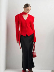 Padded Shoulder V-Neck Blazer With Scarf