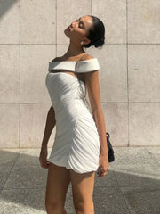 Off shoulder ruched mini dress in sunlight
