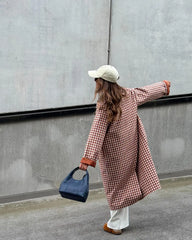 Red Gingham Lapel Long Trench Coat