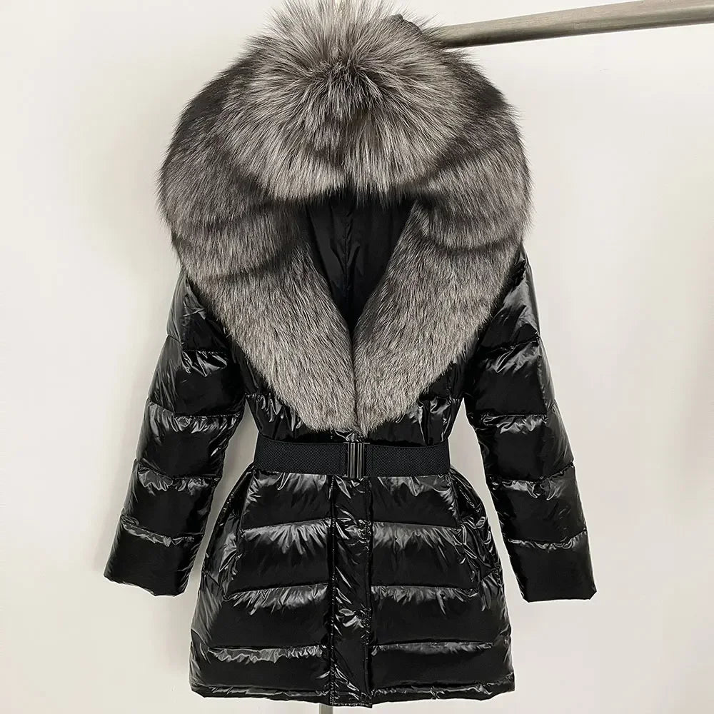 Black puffer coat with large fur hood 