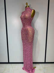 Rhinestone High Neck Sleeveless Dress