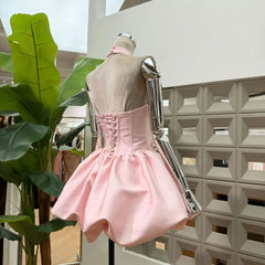 Appliqued Floral Halter Mini Dress