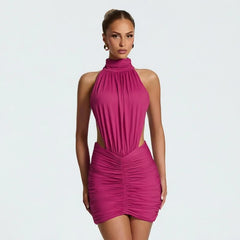 Halter Neck Ruched Side Cut Out Mini Dress