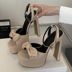 Butterfly-knot Square Toe Platform Heels Shoes