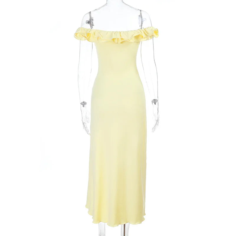 Yellow off-shoulder dress on a mannequin against a white background