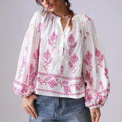 Embroidered Cotton Blouse with Lantern Sleeves