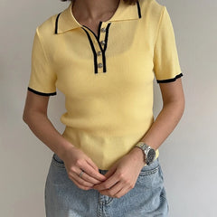 Ribbed Knit Polo Collar Short Sleeve Contrast Trim Cropped Top