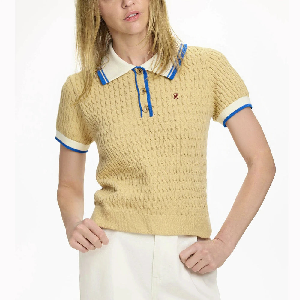 Yellow ribbed trim knit polo top