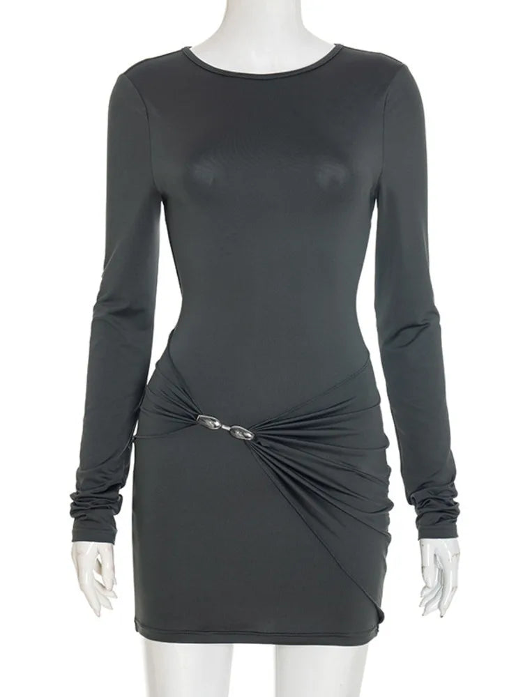 Black long-sleeve dress with a ruched design on a mannequin against a white background
