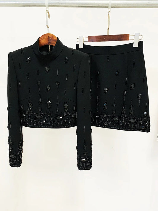 Black embellished stand collar cropped jacket and mini skirt set