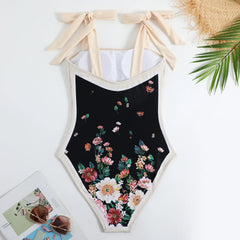 Tie-Strap V-Neck One-Piece Swimsuit with Matching Sarong Set