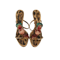 Top view of seashell embellished stiletto heel sandals with leopard print